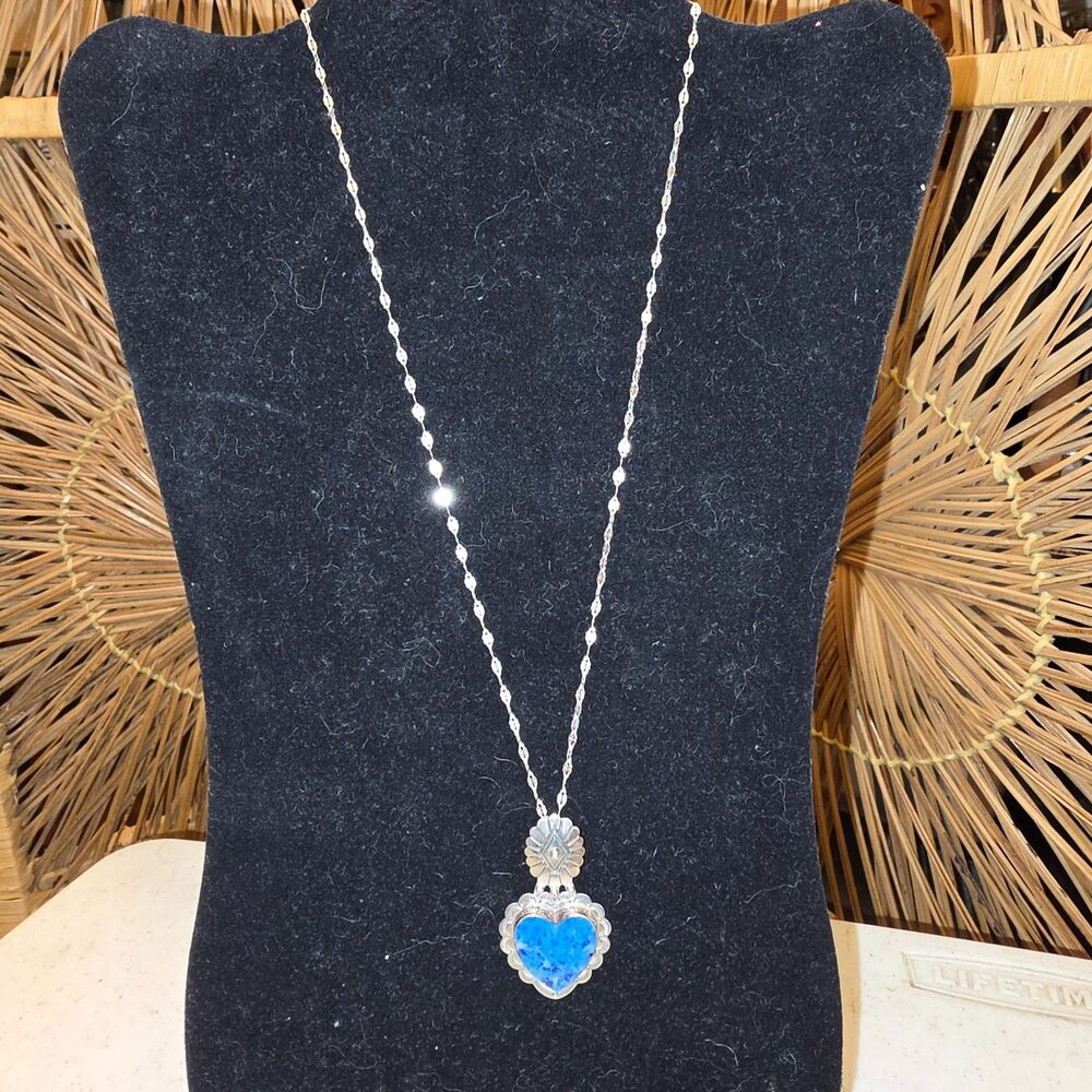 Vintage Carolyn Pollack Sterling Silver Denim Lapis Heart Pendant w/chain